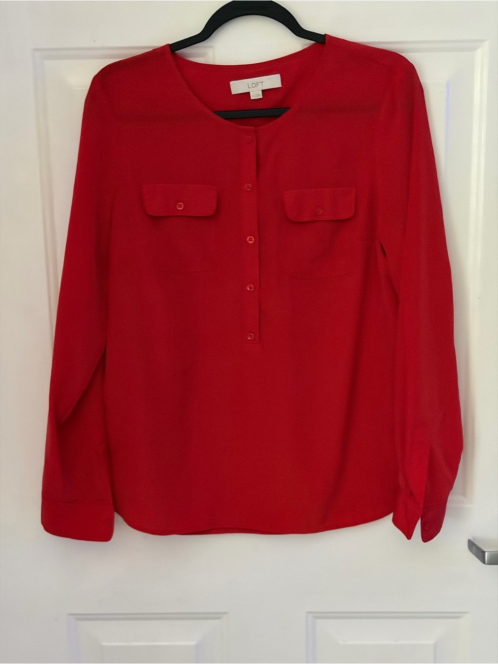 LOFT Bright Red Button-Front Long-Sleeve Blouse